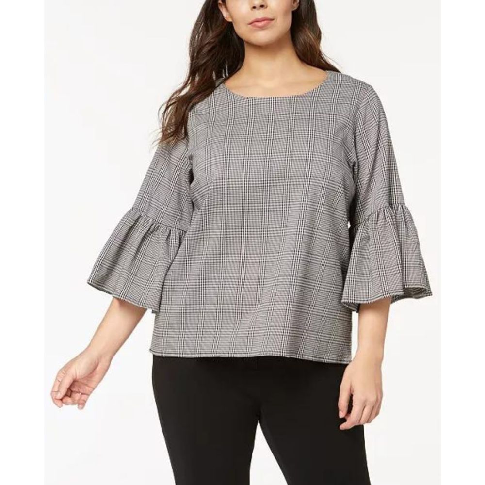 Calvin Klein Plaid Bell-Sleeve Top Grey Size Large